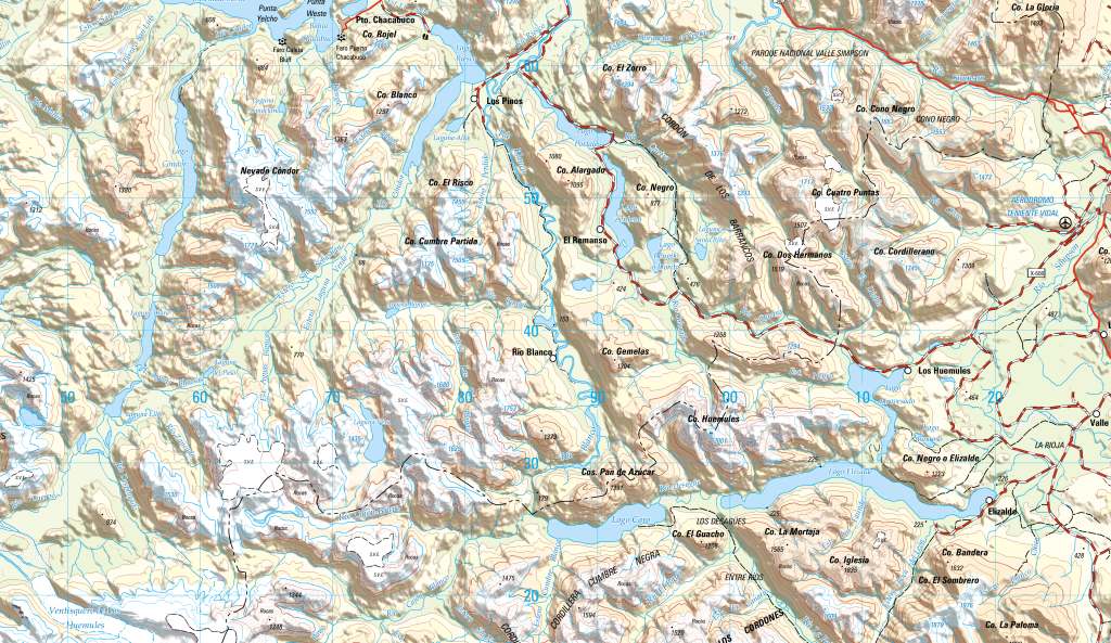 Topographic map of the Río Blanco valley, Coyhaique, Patagonia